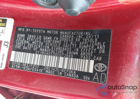 2013 Toyota Corolla S from USA, damaged, VIN 2T1BU4EE5DC072669